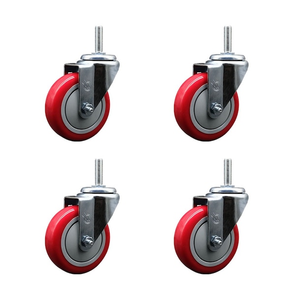 4 Inch Red Polyurethane Wheel Swivel 58 Inch Threaded Stem Caster Set Service Caster